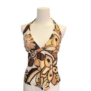 La Blanca Rod Beattie Beaded Floral Halter Tankini Top Brown Gold Swim G31200